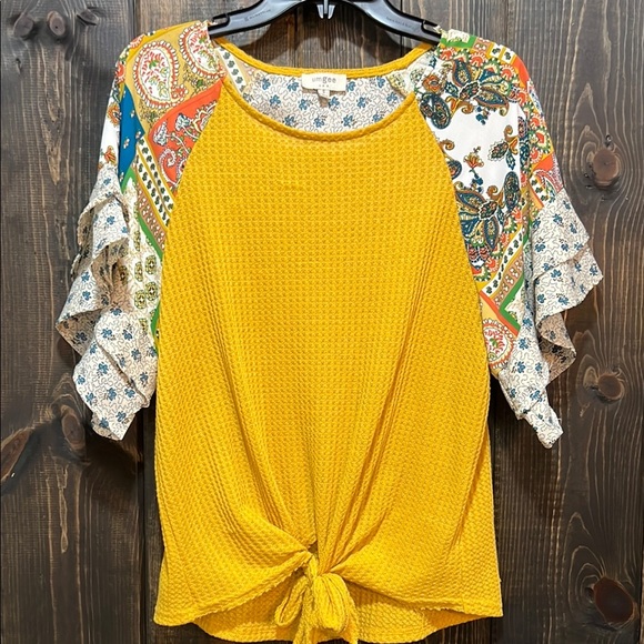 Umgee Mixed Media Top S Flare Sleeves Tiered Floral Boho Waffle Knit Mustard - Picture 1 of 10
